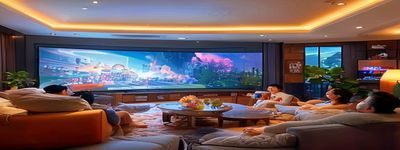 家庭用户
一起观看日韩综艺的温馨场景，客厅大屏幕上播放韩国综艺节目，全家人欢笑互动其乐融融